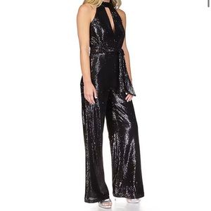 Michael Kors Sequin Fish Scale Halter Mock Neck Sleeveless Wide Leg Jumpsuit